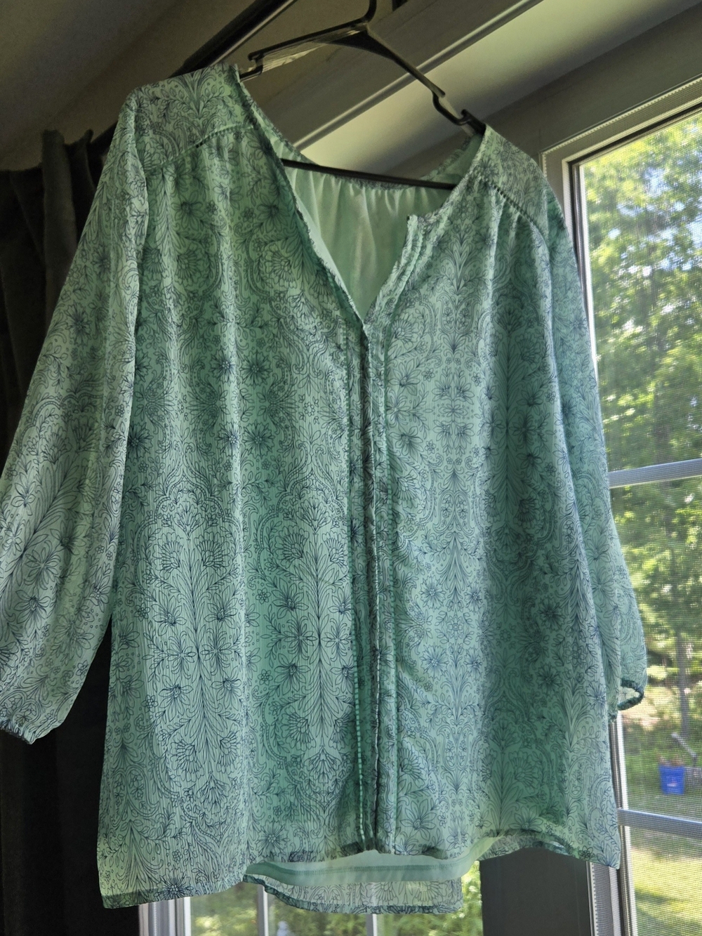 St. John's Bay Teal/Mint Scroll/ Paisley-Print Blouse